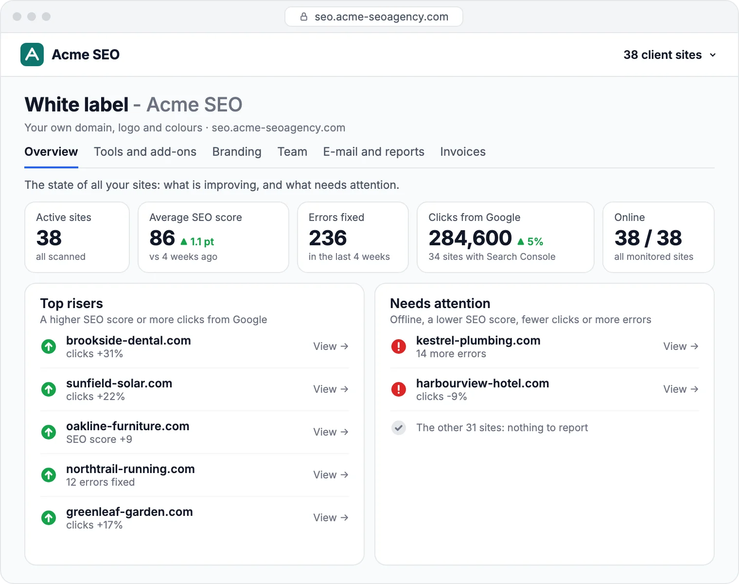 White label overview for an agency with 38 client sites: top risers and sites that need attention, on the agency's own domain