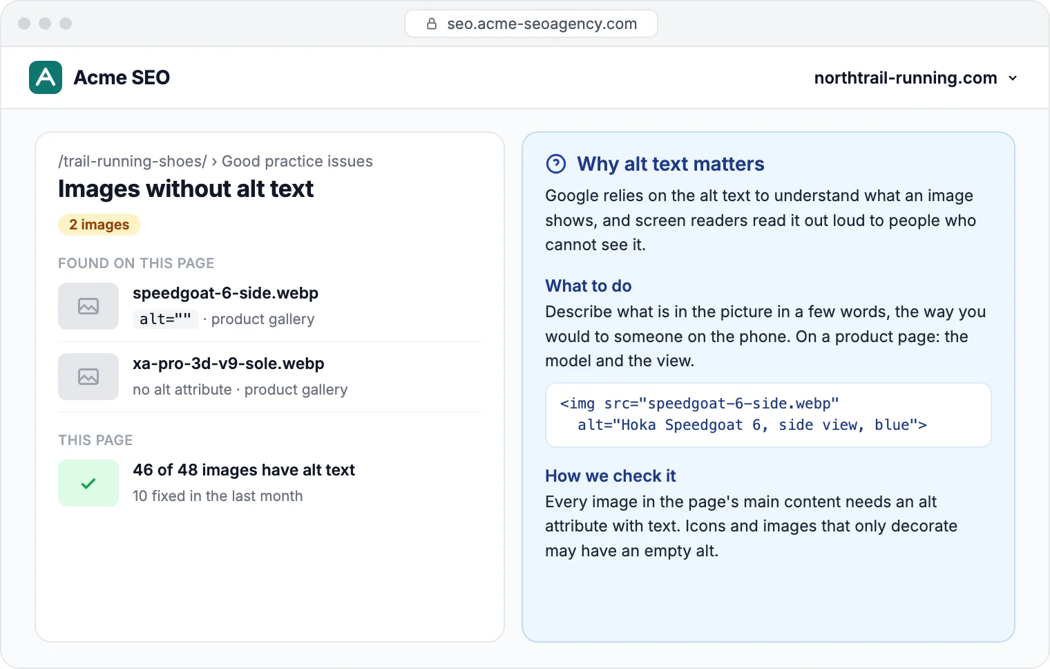 Help next to every issue in the dashboard: what it means, why it matters and how to fix it
