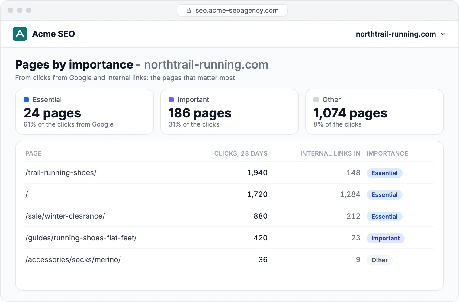 Pages by importance: 24 essential pages bring 61% of the clicks from Google and are checked most often