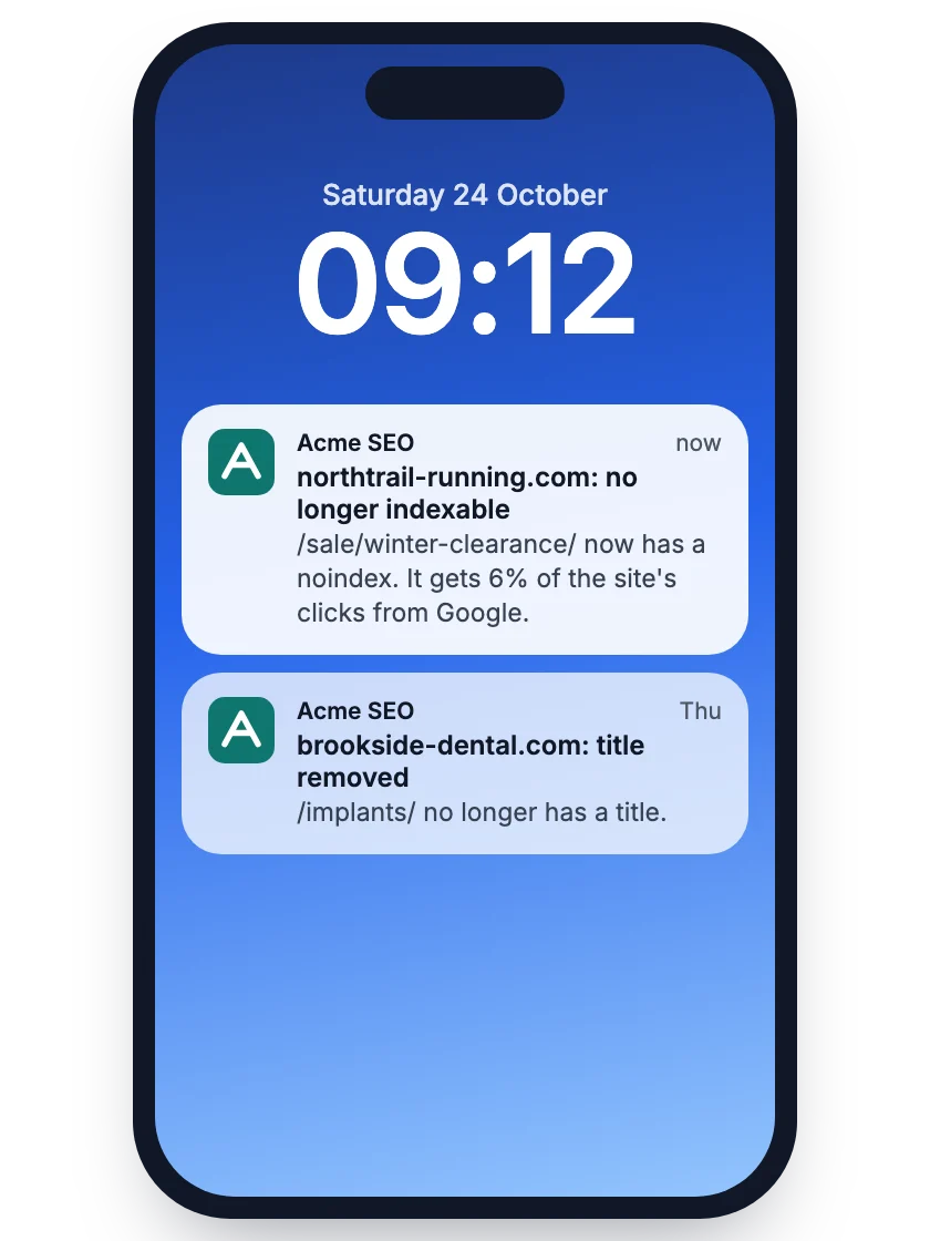 An SEO alert as a push notification on a phone, sent in the agency's own name: a client page is no longer indexable
