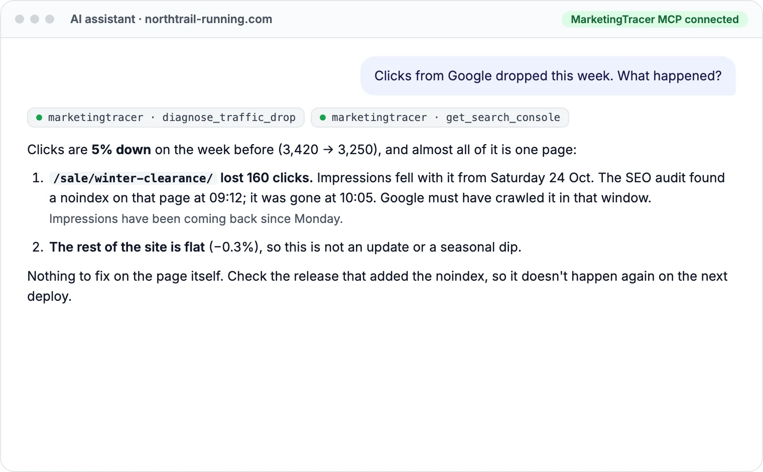 Asking why clicks dropped: the MCP finds the one page that lost them and the noindex the SEO audit logged