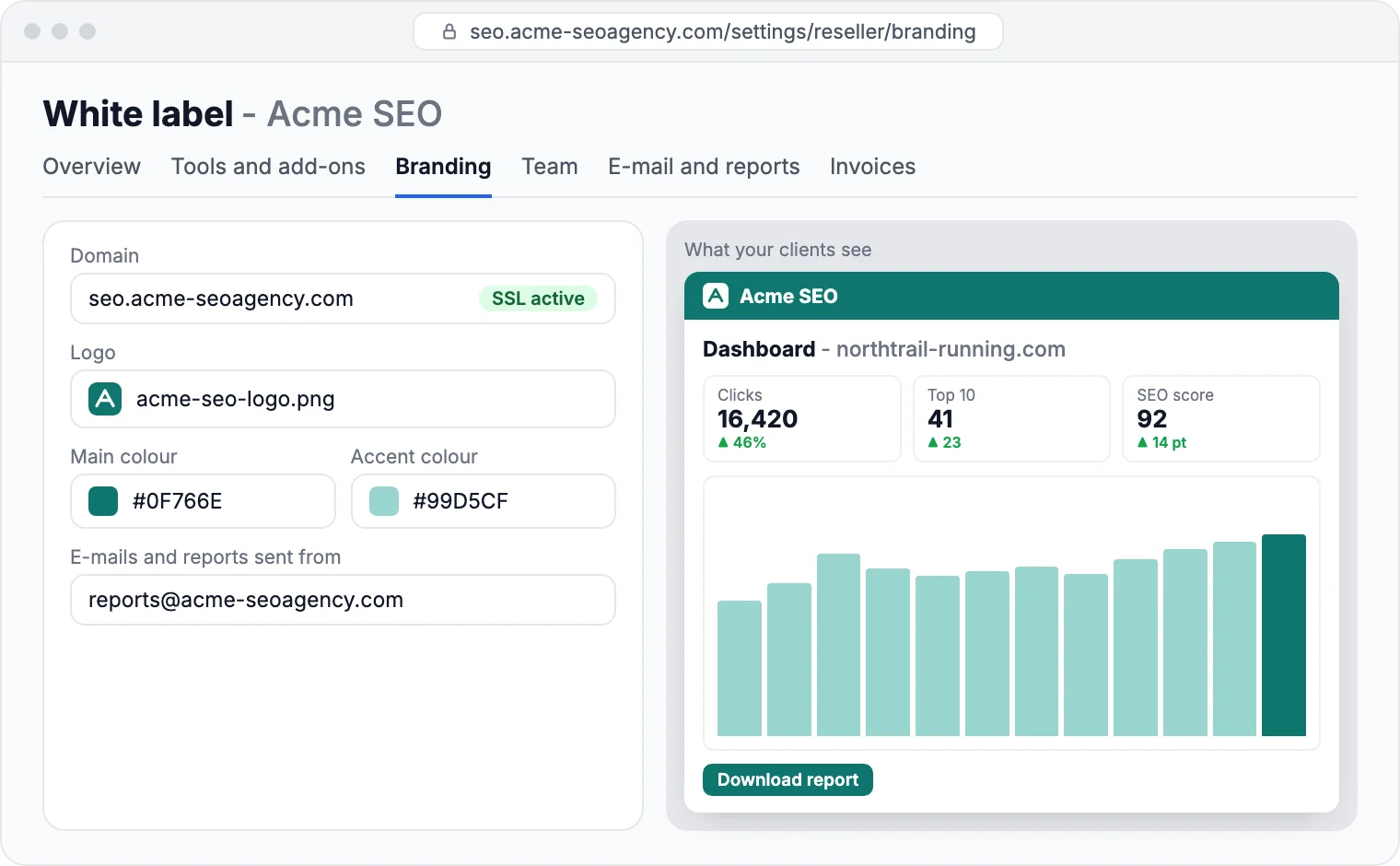 White label branding: your own domain with SSL, logo, colours and sender address, with a live preview of what your clients see