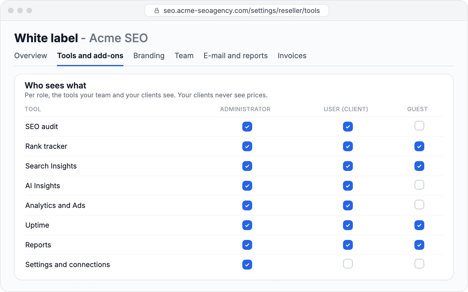 White label roles: per role the tools your team and your clients see