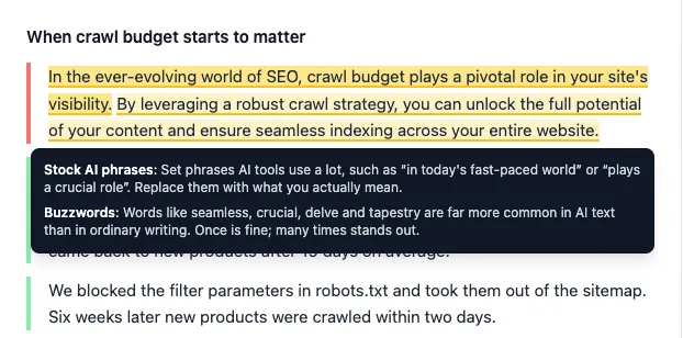 Marked sentences in MarketingTracer's AI signals tab, with the explanation of one pattern open
