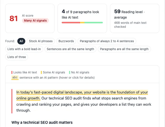 AI signals tab of a demo page in MarketingTracer's on-page scan