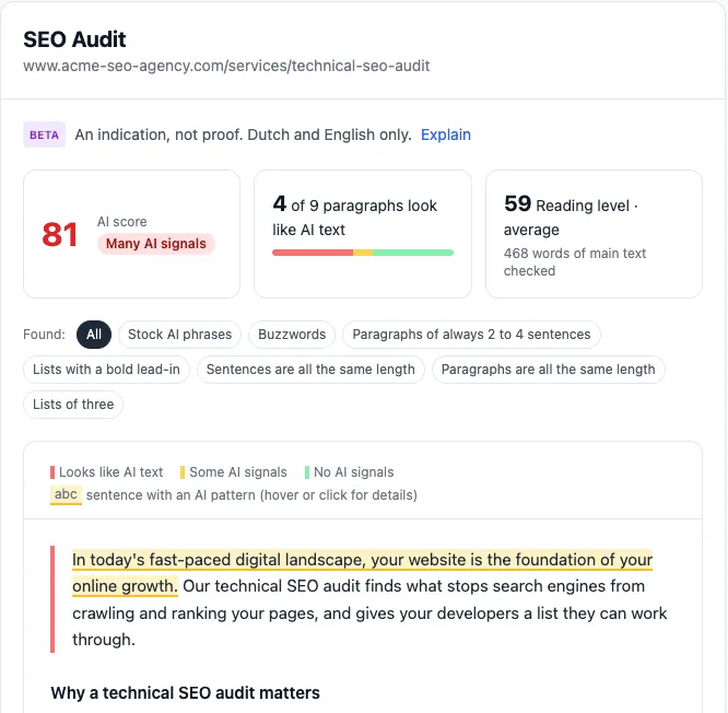 MarketingTracer's AI signals tab: AI score, patterns found and marked sentences of a demo page