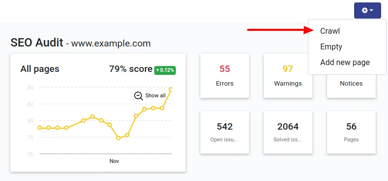 crawl page dashboard