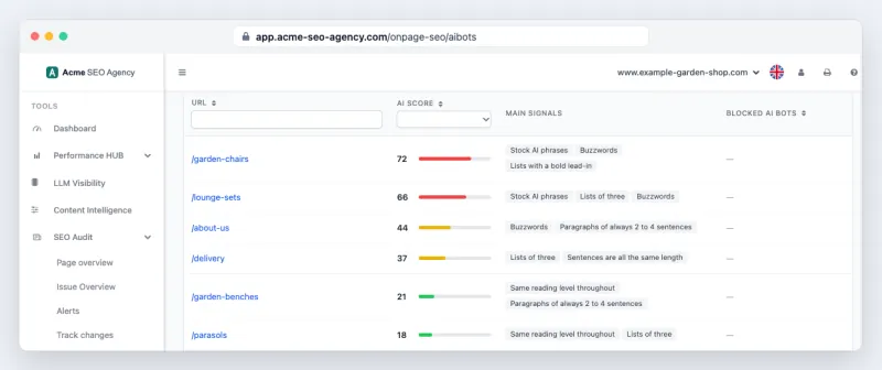 The AI check in a white-label dashboard on the agency's own domain, with the agency's logo