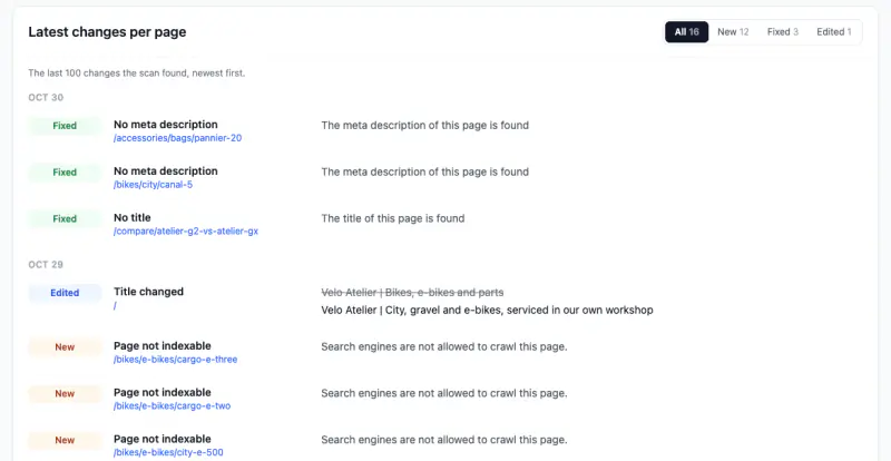 SEO audit, Changes: new and fixed issues since last week