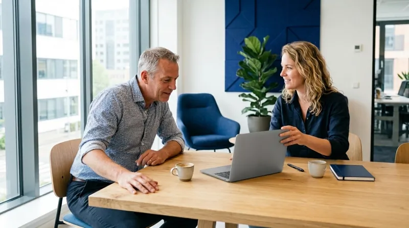 An agency account manager shows a prospect their own AI-visible keywords on a laptop during a pitch