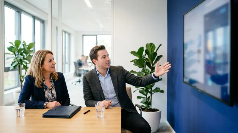 An agency account manager walks a client through their AI-visible keywords at a renewal meeting